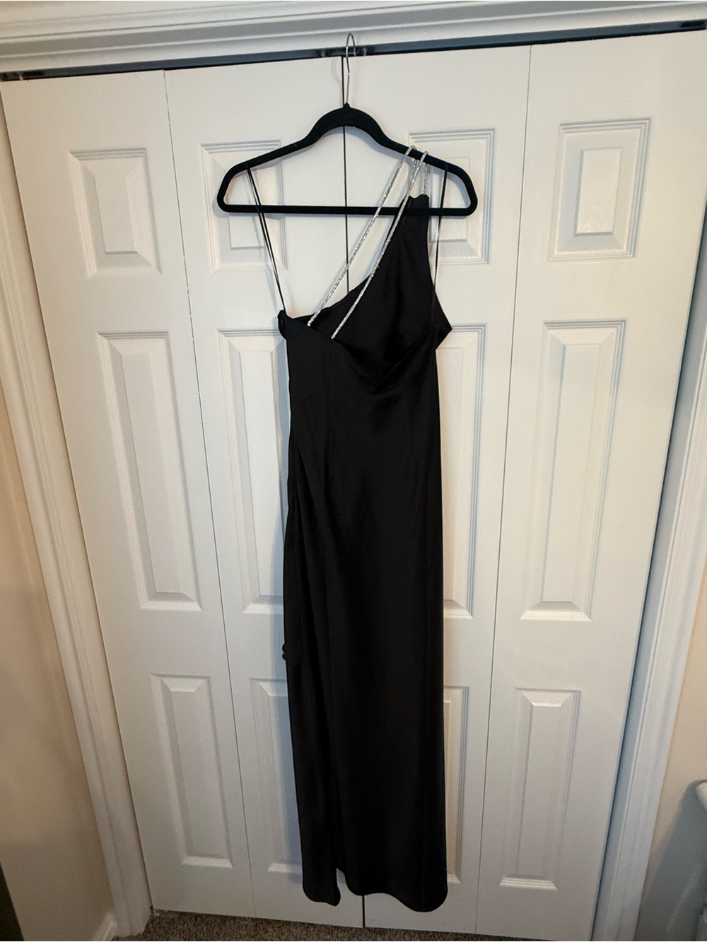 Vici Black Satin Backless Slip Dress with Crystal Chain Straps - Picture 5 of 8